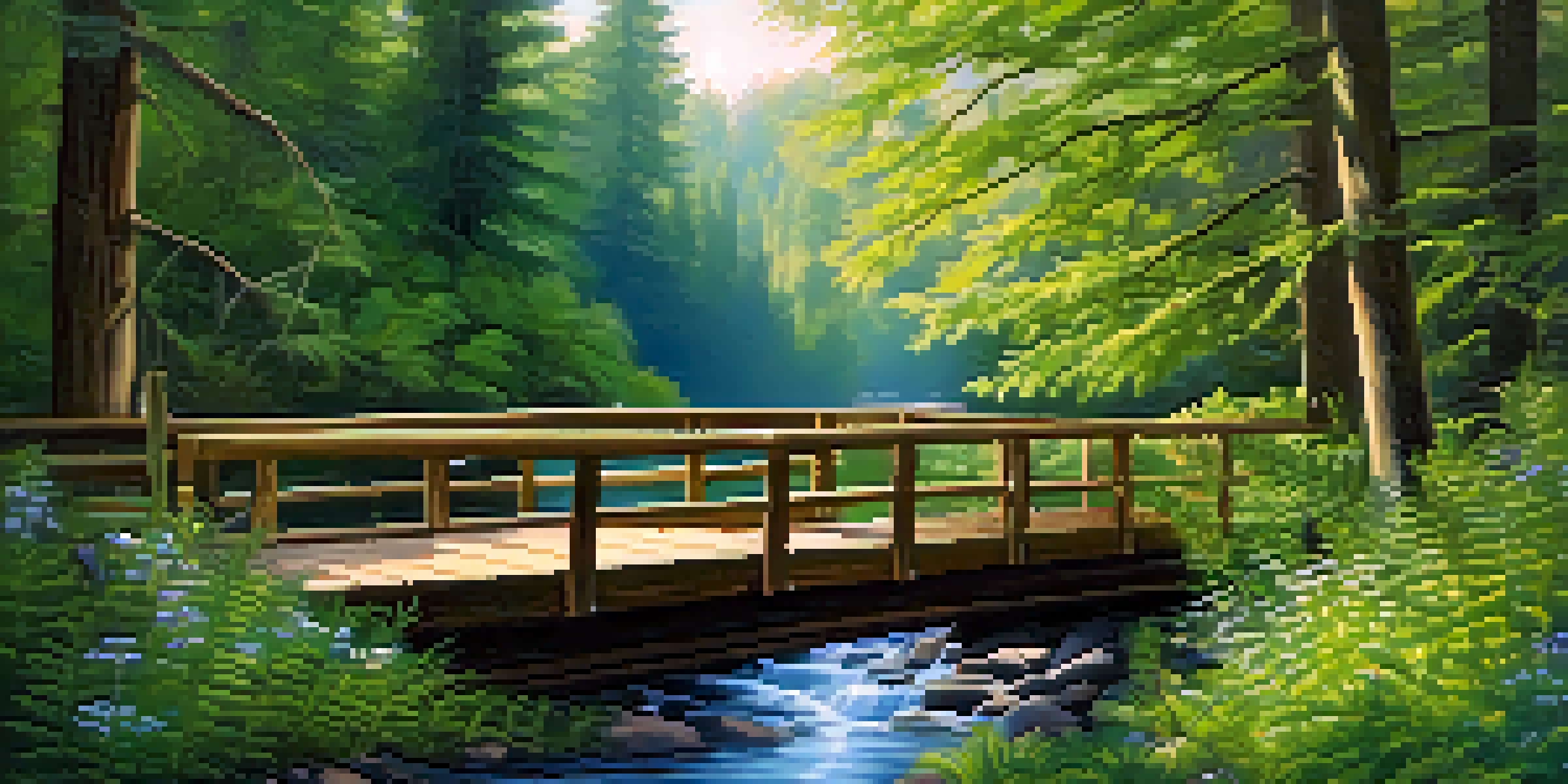 A tranquil forest landscape with sunlight filtering through the leaves, a winding stream, vibrant ferns, and a wooden bridge.