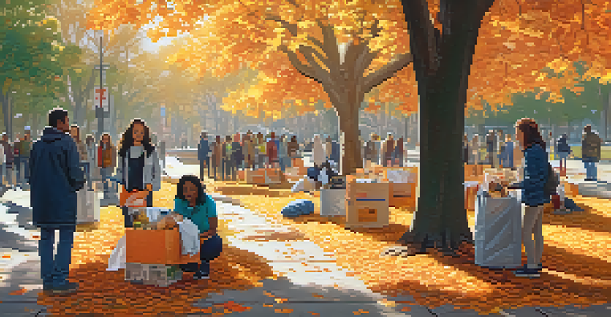 A peaceful park in autumn with people donating and volunteering, surrounded by colorful trees and a sunny atmosphere.