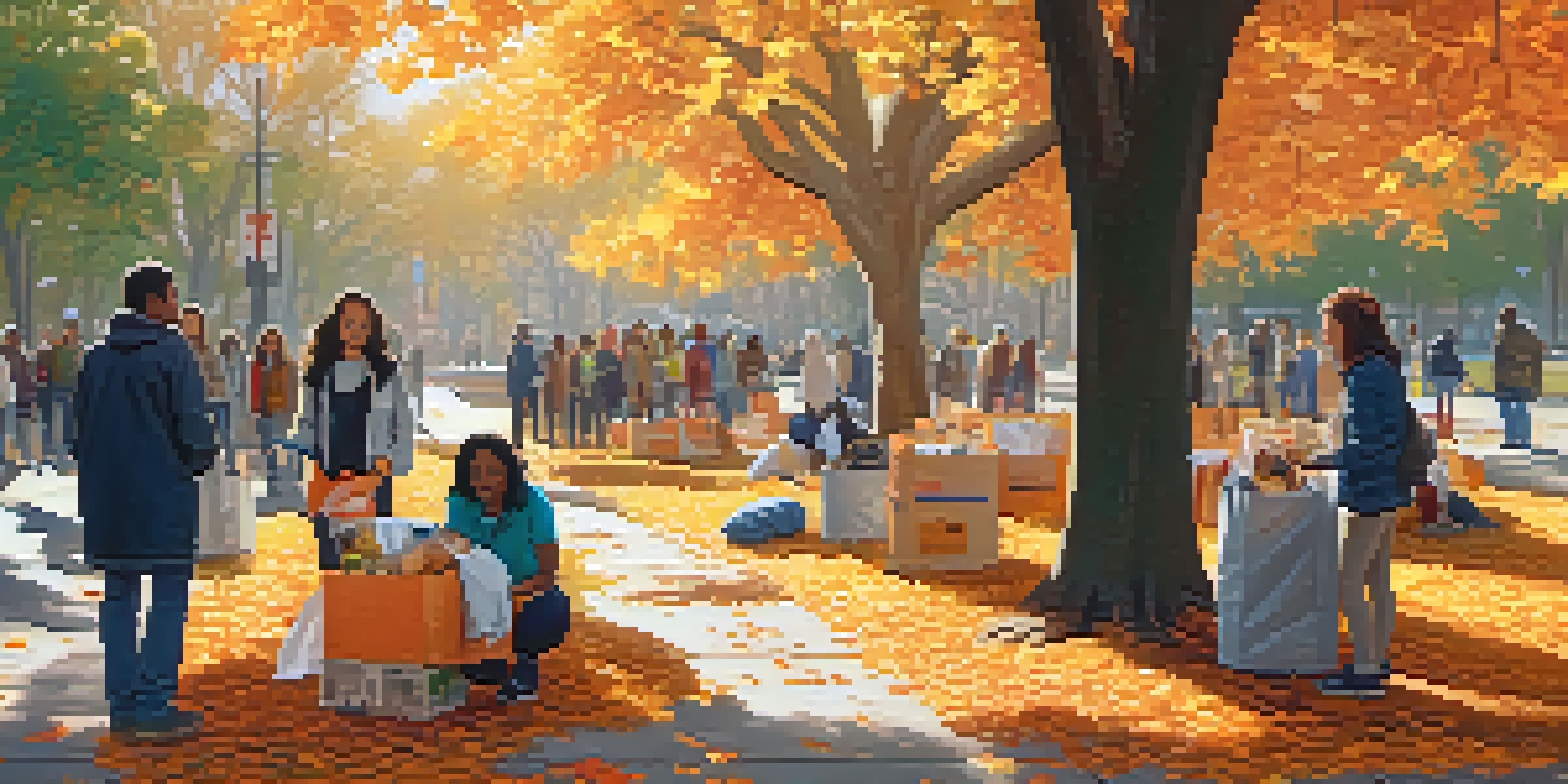 A peaceful park in autumn with people donating and volunteering, surrounded by colorful trees and a sunny atmosphere.