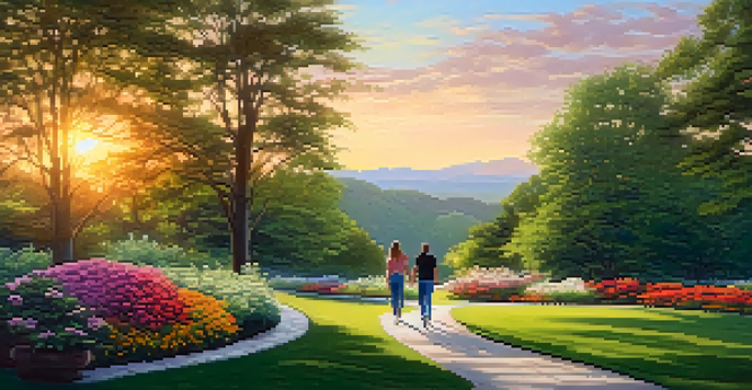 A peaceful park with green trees and colorful flowers during sunset, featuring a couple walking together.