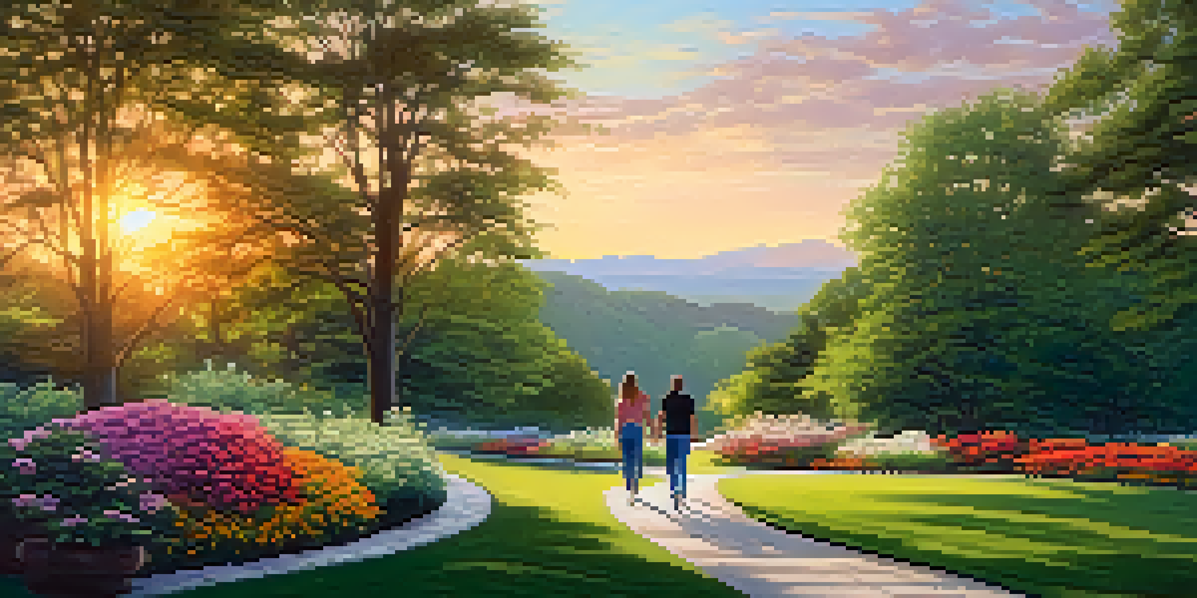 A peaceful park with green trees and colorful flowers during sunset, featuring a couple walking together.