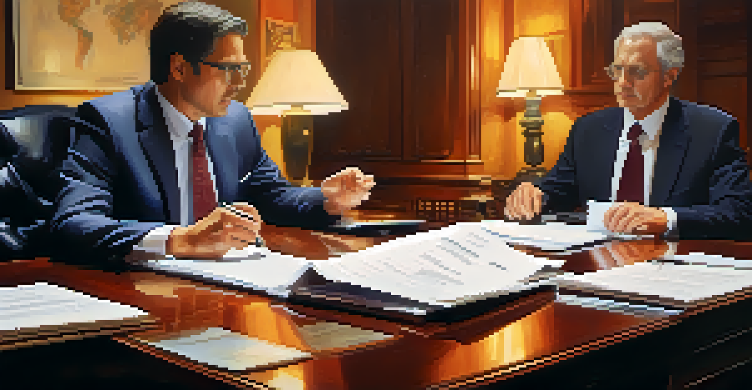 A close-up of a meeting table with legal documents and a calculator, while professionals discuss tax liabilities.