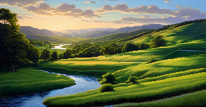 A peaceful green valley with hills and a stream, illuminated by a warm sunset.