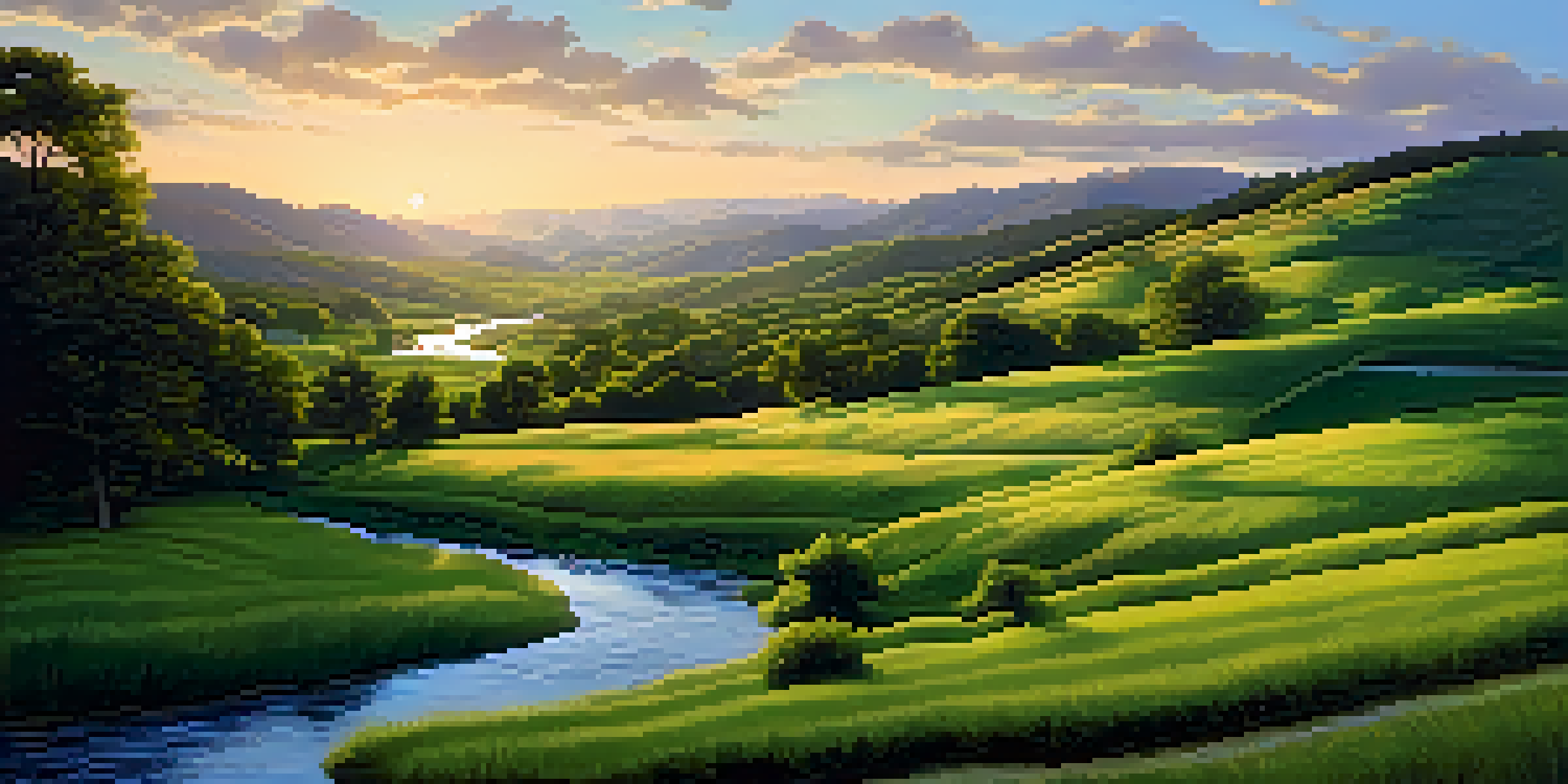 A peaceful green valley with hills and a stream, illuminated by a warm sunset.