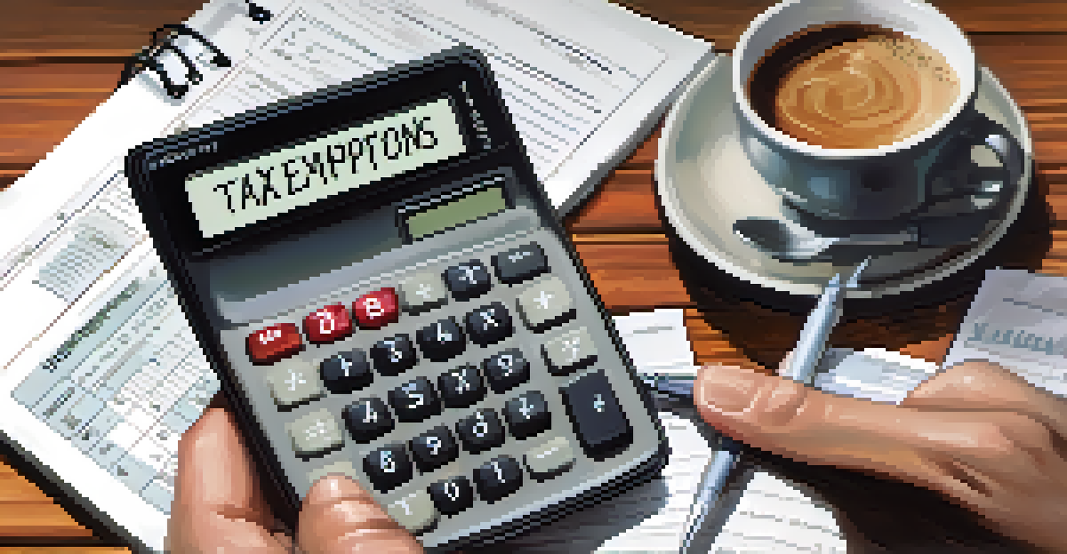 Hands with a calculator and documents about capital gains tax exemptions on a wooden table with a coffee cup.