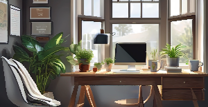 A cozy home office with a wooden desk, laptop, coffee cup, and potted plant, bathed in soft natural light.