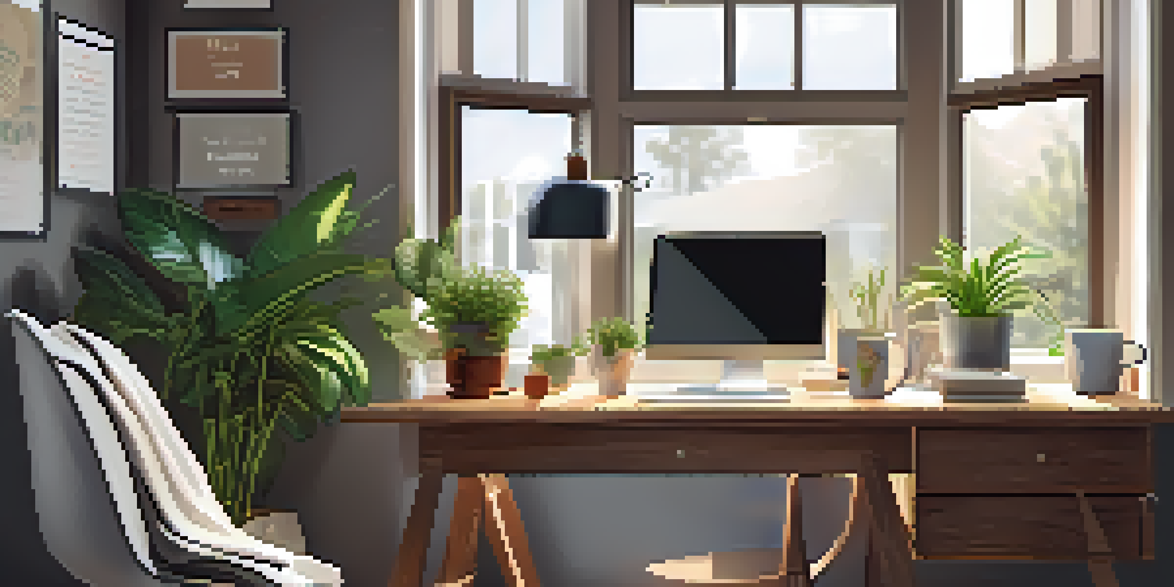 A cozy home office with a wooden desk, laptop, coffee cup, and potted plant, bathed in soft natural light.