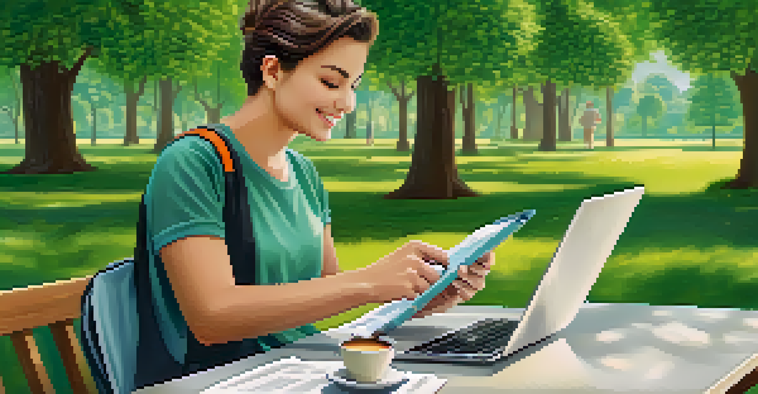A person in a park using a tablet for online tax filing, surrounded by nature and a reusable coffee cup.