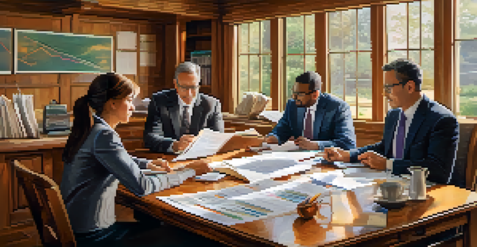 A diverse group of individuals engaged in financial planning discussions around a wooden table filled with charts and a laptop, illuminated by natural light.
