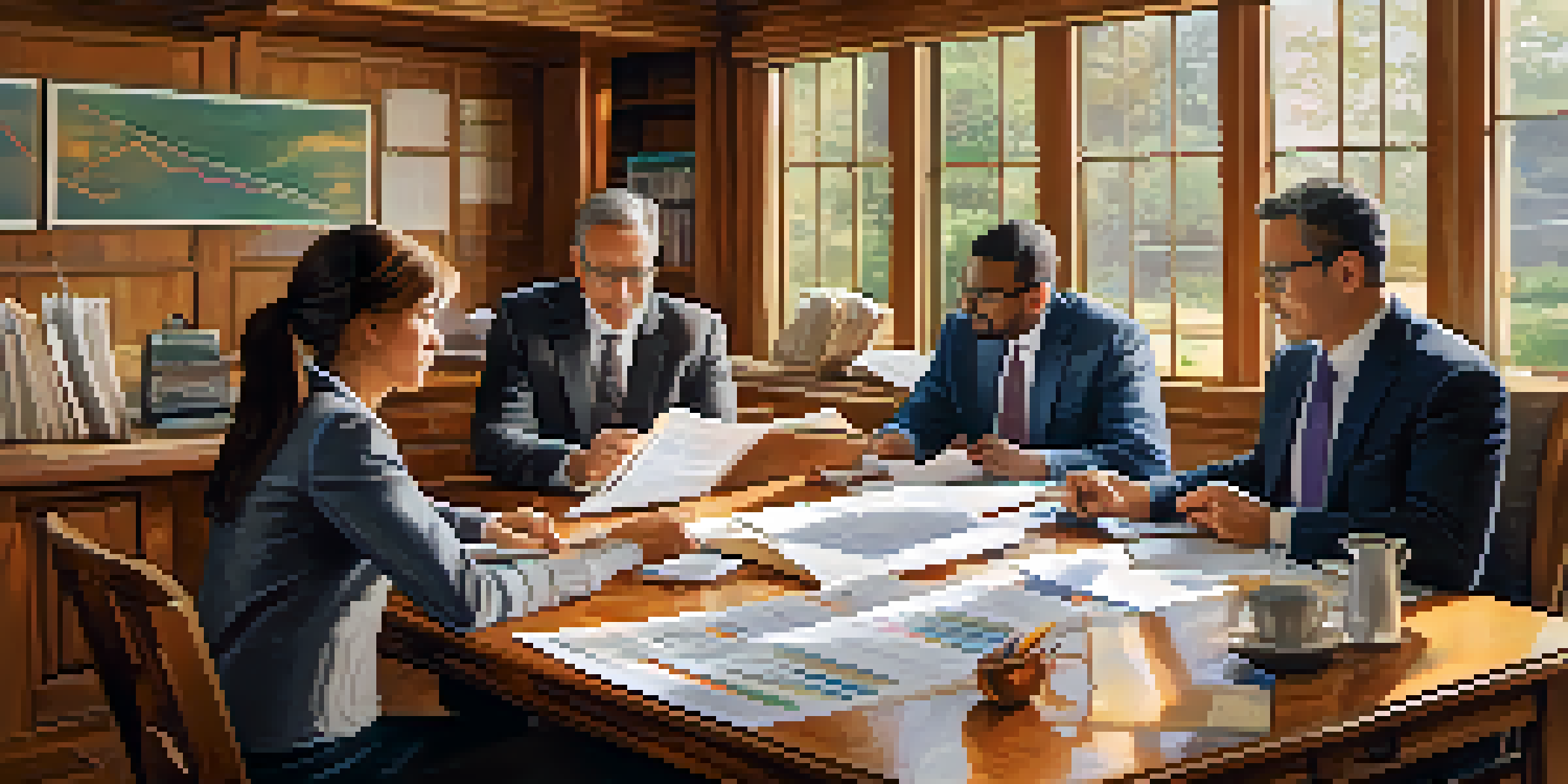 A diverse group of individuals engaged in financial planning discussions around a wooden table filled with charts and a laptop, illuminated by natural light.