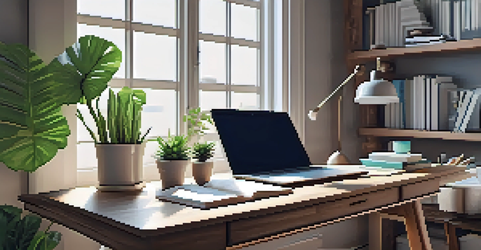 A clean and organized home office with a desk, laptop, notebooks, and a potted plant, illuminated by natural light.