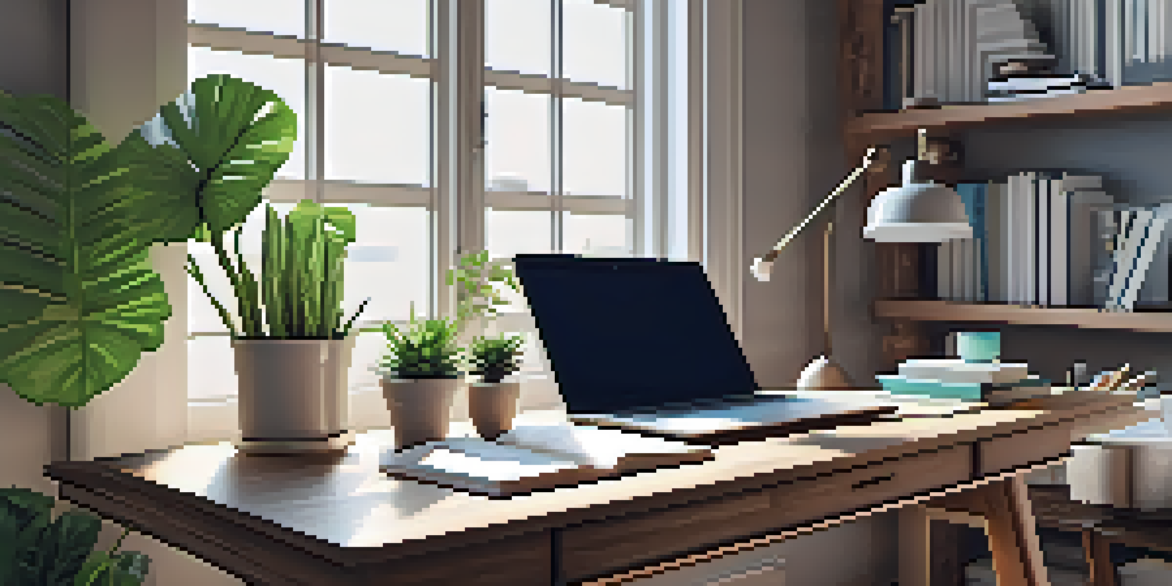 A clean and organized home office with a desk, laptop, notebooks, and a potted plant, illuminated by natural light.
