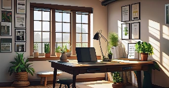 A warm and inviting home office with a wooden desk, laptop, potted plant, and motivational artwork on the walls, illuminated by sunlight.