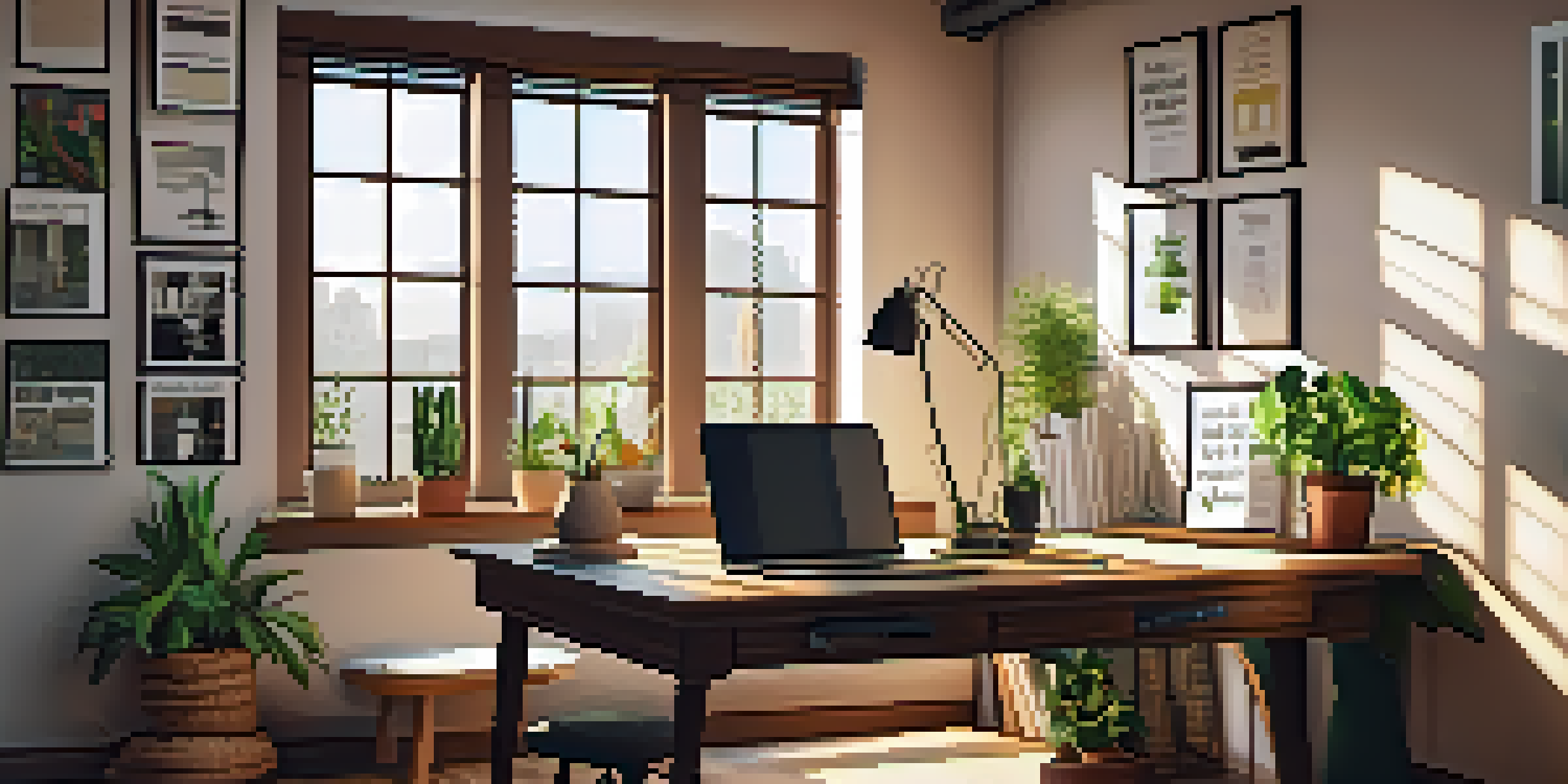 A warm and inviting home office with a wooden desk, laptop, potted plant, and motivational artwork on the walls, illuminated by sunlight.