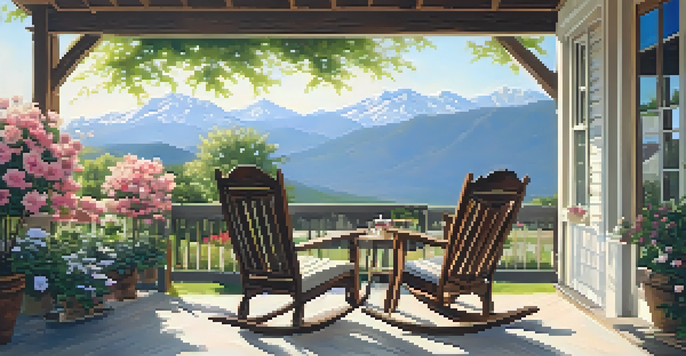 A peaceful retirement scene with two rocking chairs on a porch overlooking a vibrant garden and distant mountains under a sunny sky.