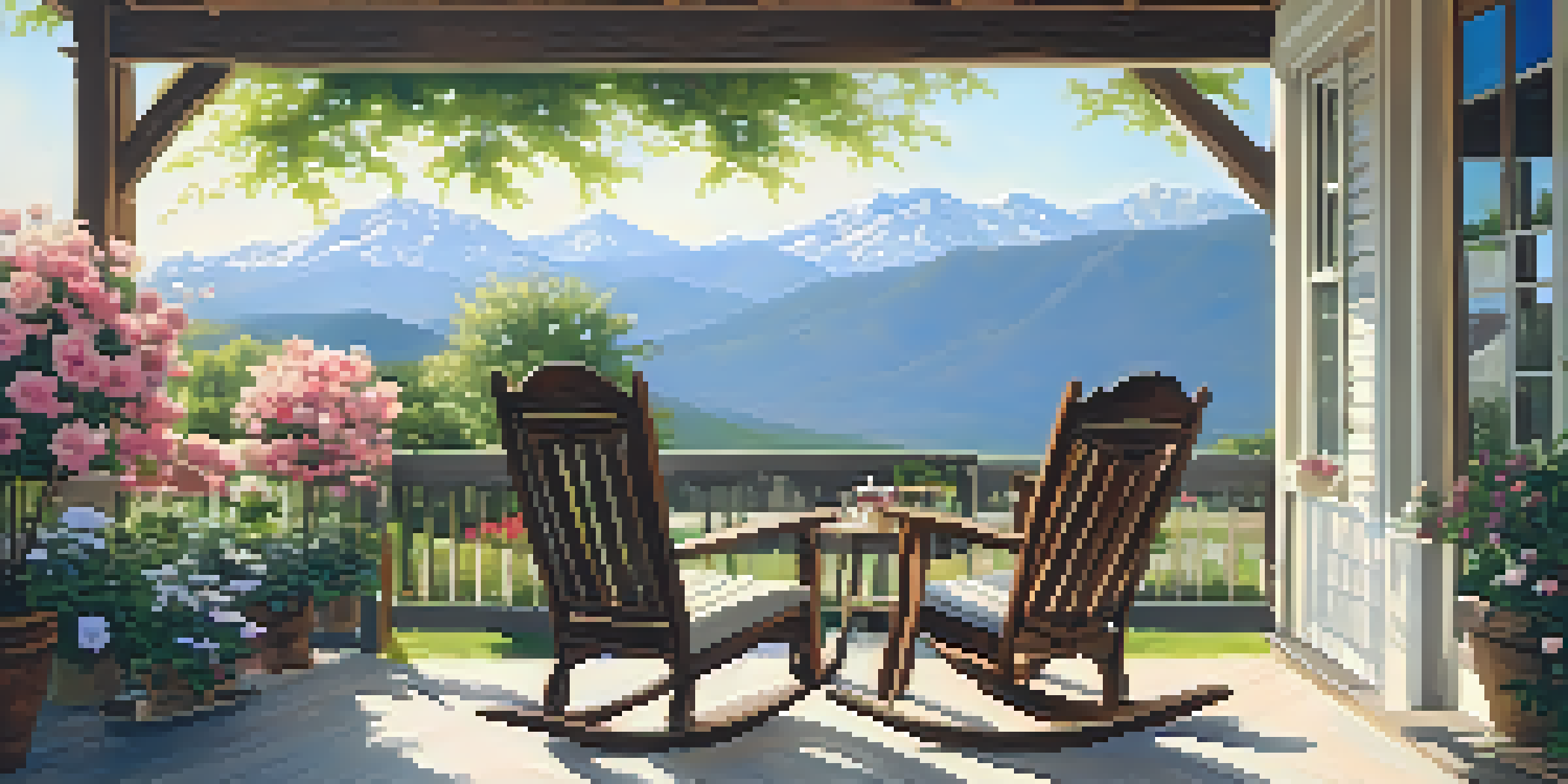 A peaceful retirement scene with two rocking chairs on a porch overlooking a vibrant garden and distant mountains under a sunny sky.