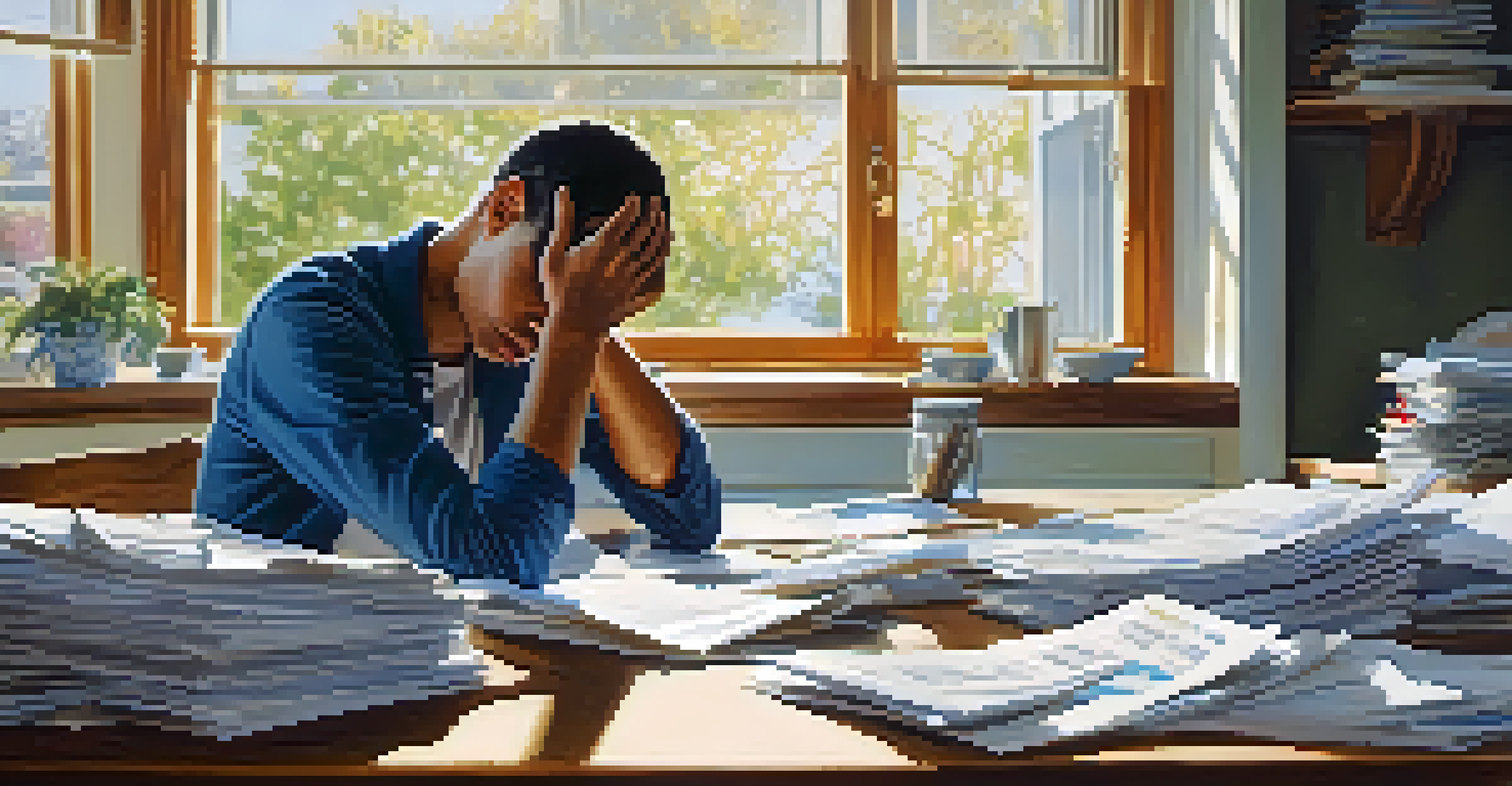 A stressed person at a kitchen table surrounded by tax paperwork and an overdue notice, with sunlight coming through the window.