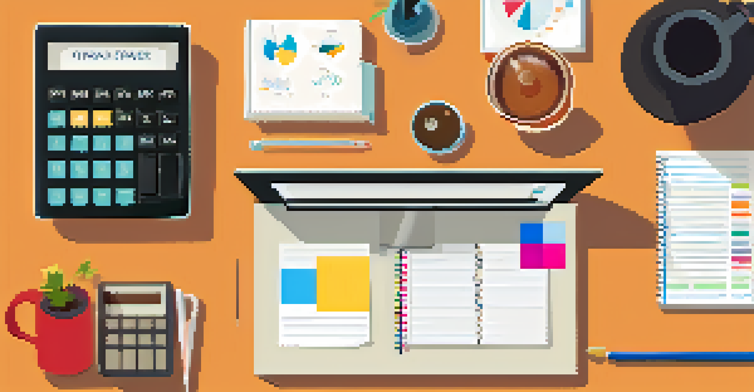 An overhead shot of a desk with financial planning materials, including a notebook, calculator, charts, and a cup of tea.