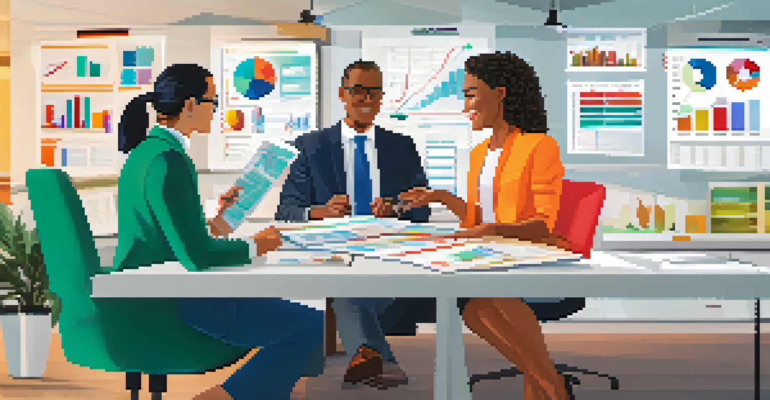 A financial advisor discussing tax strategies with a small business owner at a table covered in financial charts and reports in a bright office.