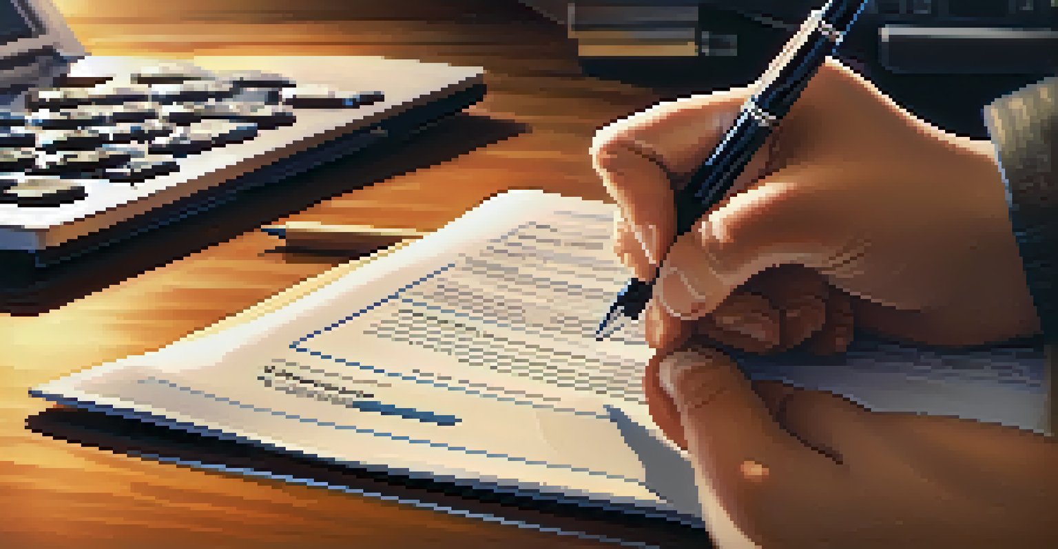 A close-up of a hand signing a tax installment agreement on a table with a laptop and calculator in the background.