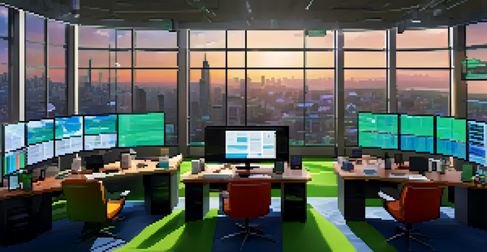 A bright and modern cryptocurrency trading room with multiple screens showing market graphs and prices, overlooking a city skyline.