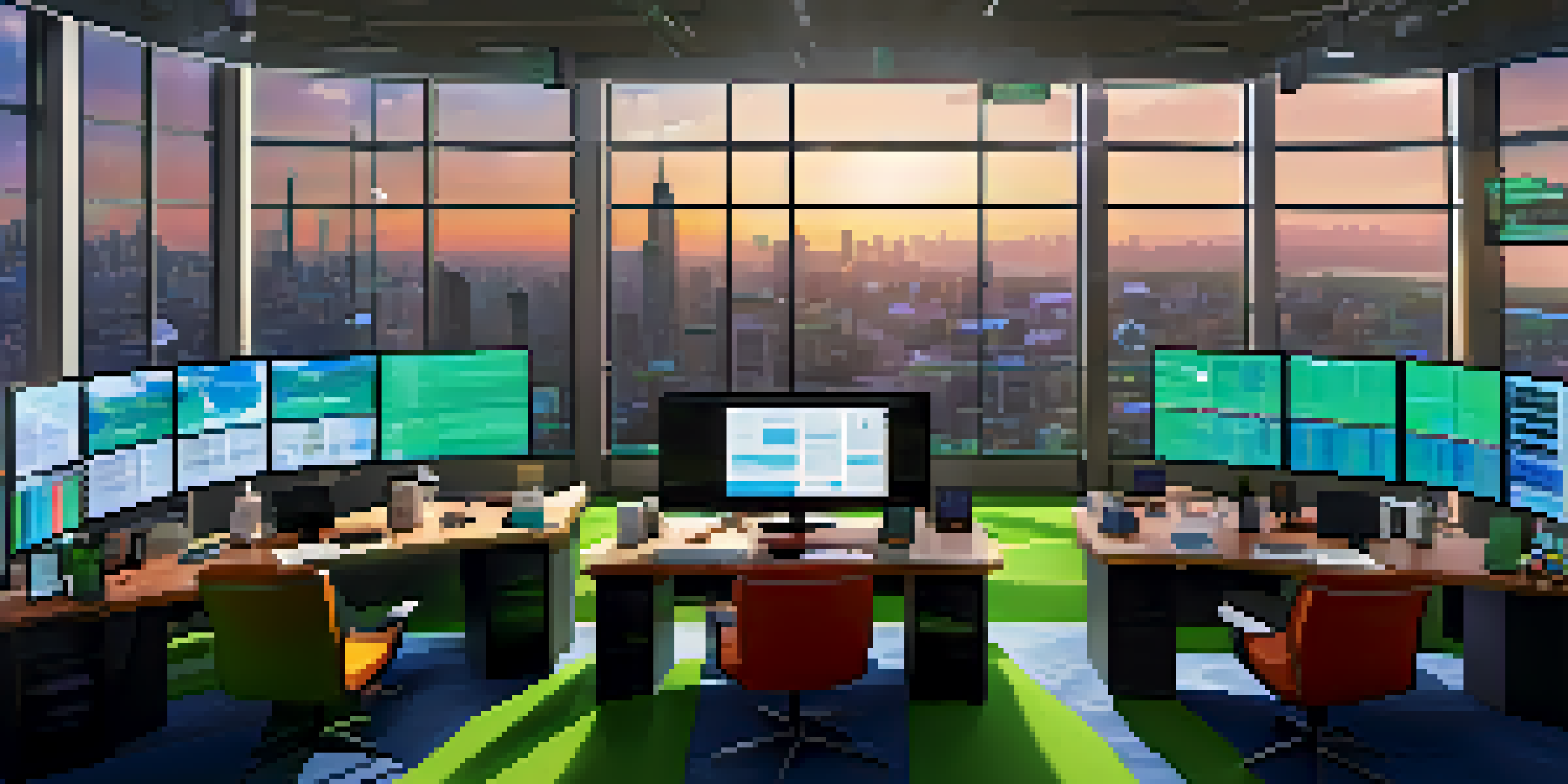 A bright and modern cryptocurrency trading room with multiple screens showing market graphs and prices, overlooking a city skyline.