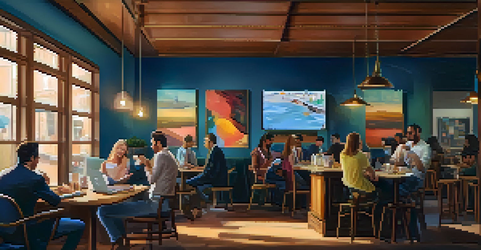 A business professional on a video call in a cozy coffee shop with other patrons around.