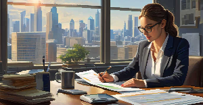 A tax professional analyzing rental property tax deductions at a desk filled with paperwork and a laptop, with a city skyline visible through the window.
