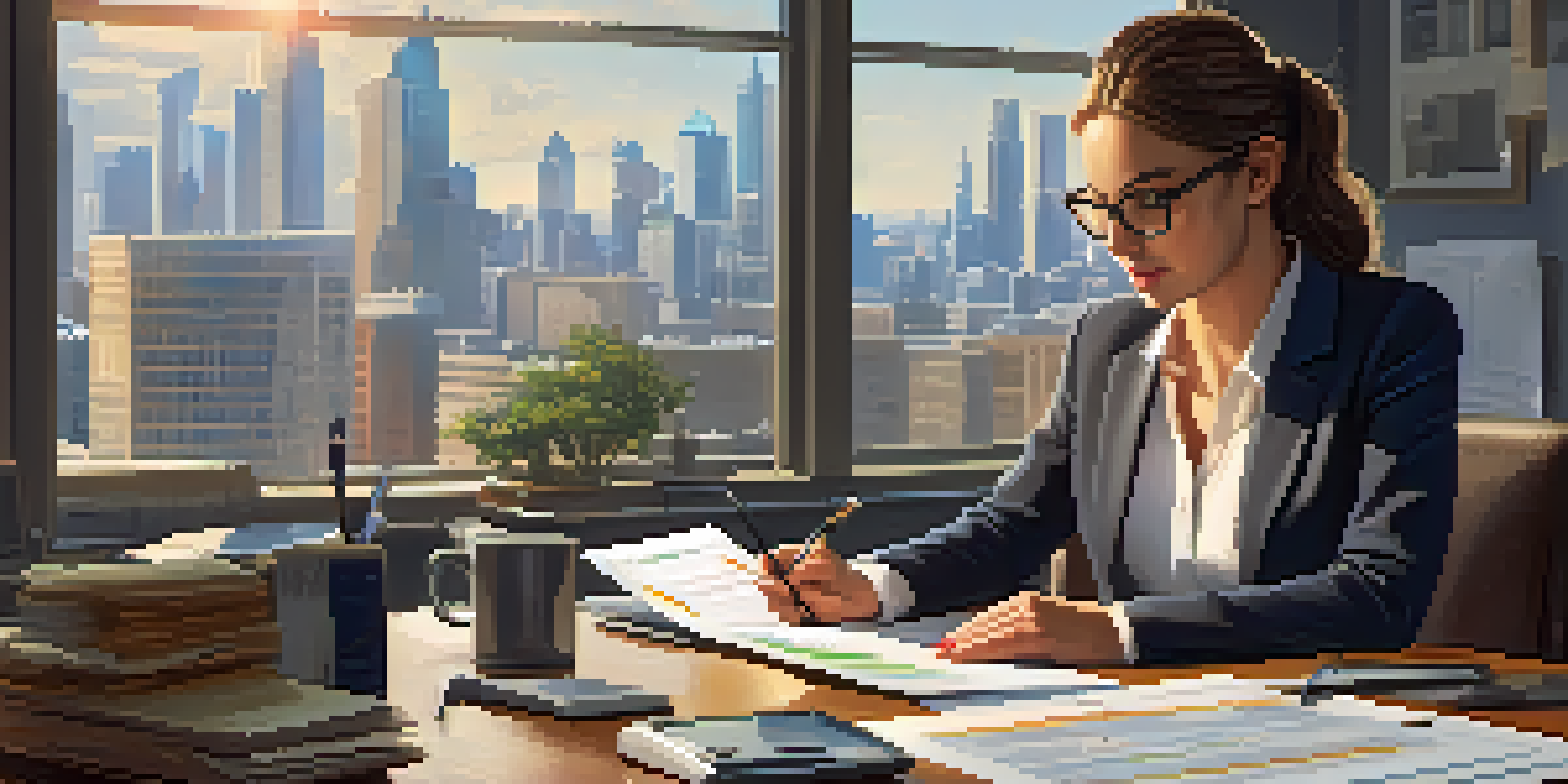 A tax professional analyzing rental property tax deductions at a desk filled with paperwork and a laptop, with a city skyline visible through the window.