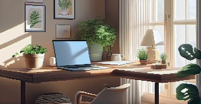 A warm and cozy home office with a wooden desk, laptop, potted plant, and a cup of herbal tea, bathed in soft sunlight.