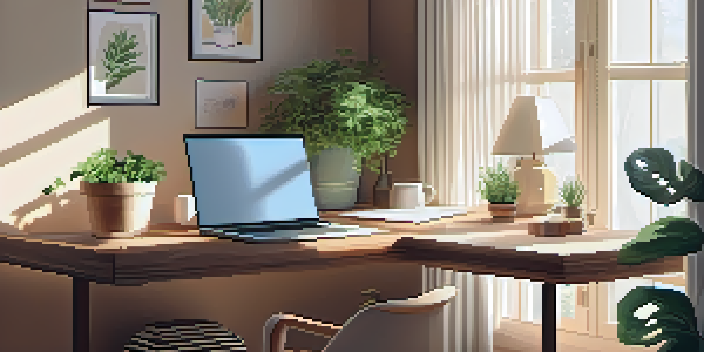 A warm and cozy home office with a wooden desk, laptop, potted plant, and a cup of herbal tea, bathed in soft sunlight.
