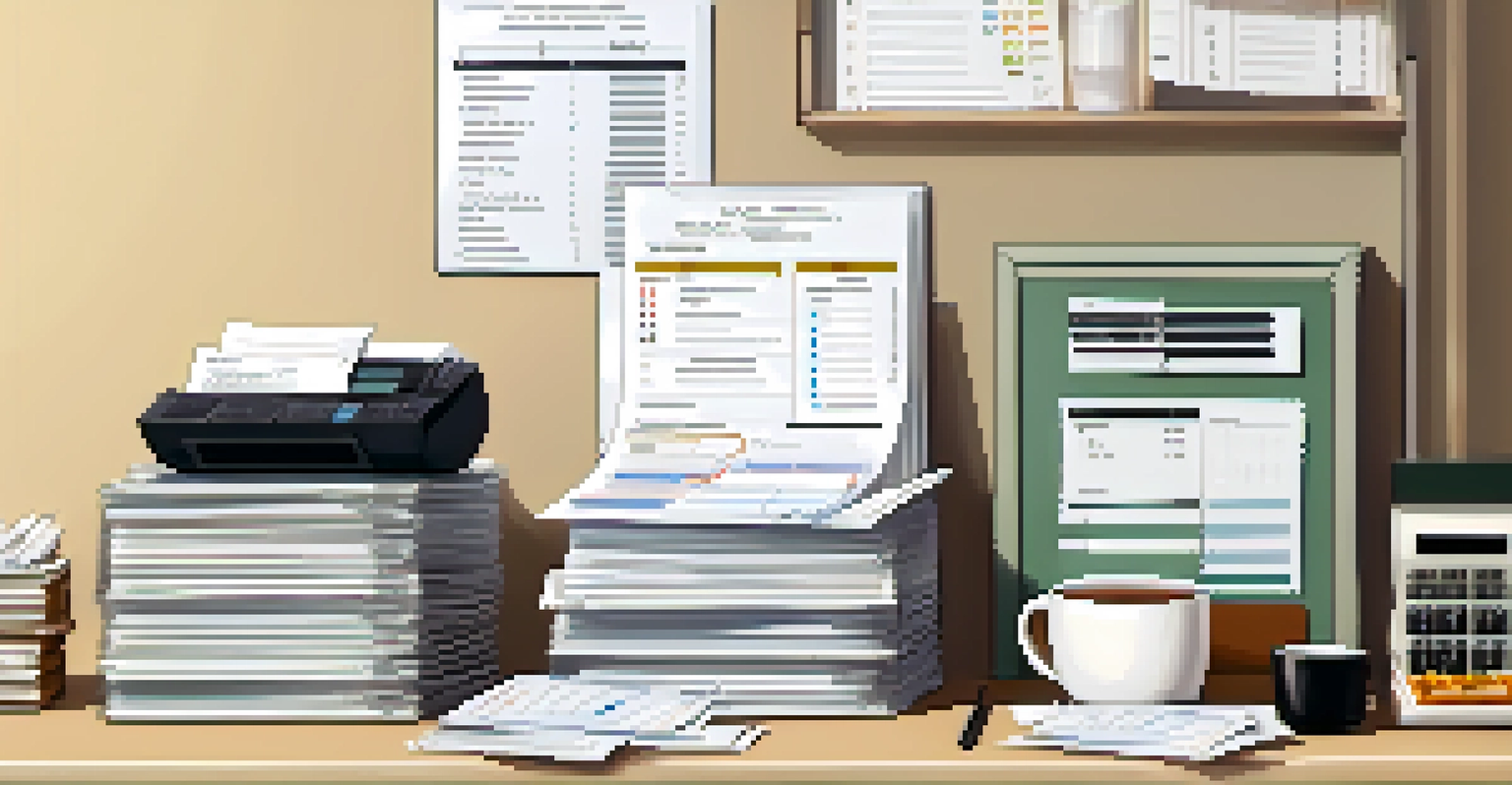 A neat desk displaying organized tax documents, labeled folders, a calculator, and a cup of tea.