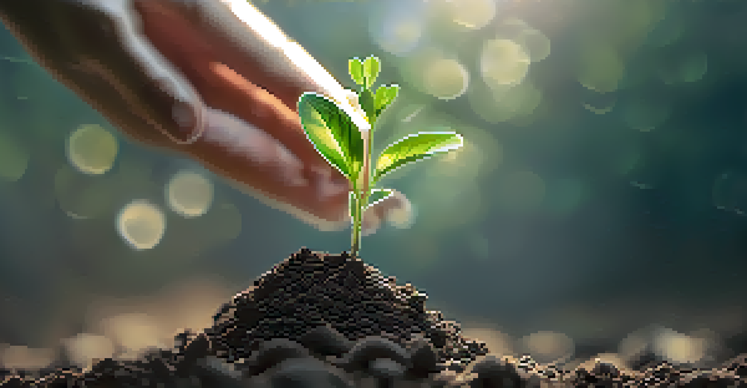A close-up of a hand holding a small green plant growing from soil, representing growth and investment.