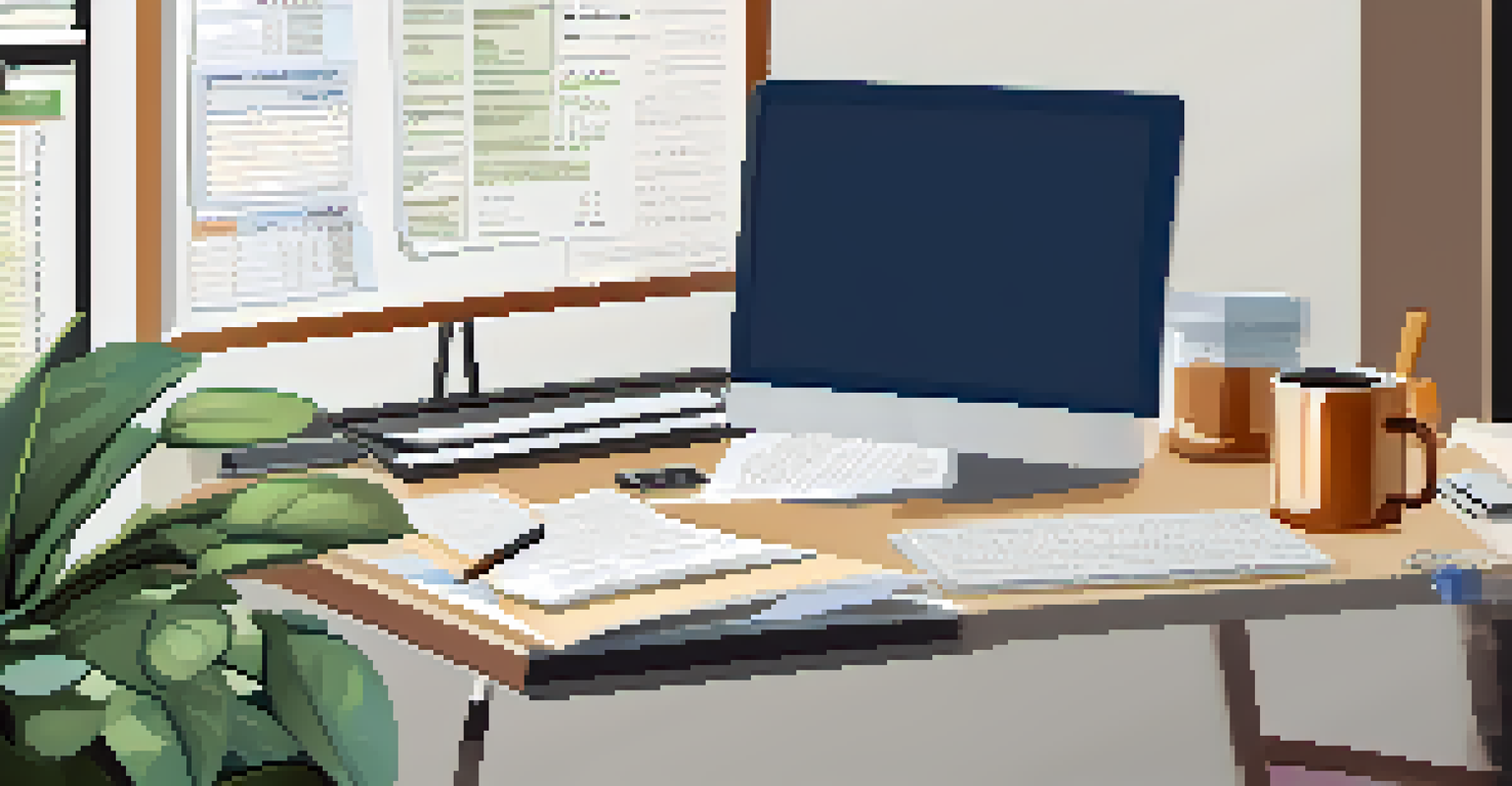 An organized workspace featuring a computer, tax forms, and a calculator on a desk, with a notepad and a plant.