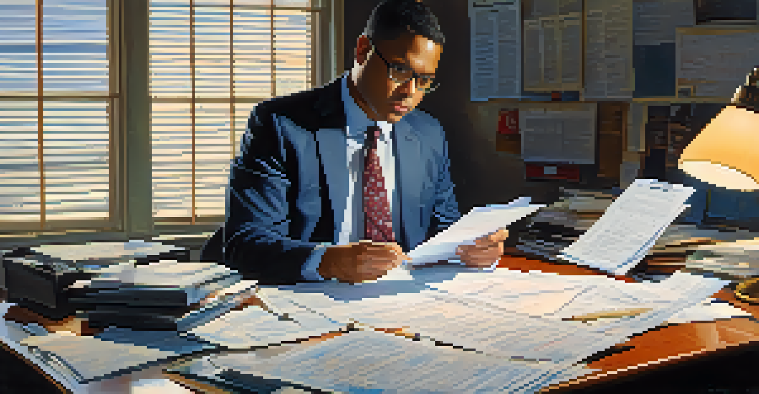 A person reviewing their W-2 form at a cluttered desk with a laptop and tax documents, under bright overhead lighting.