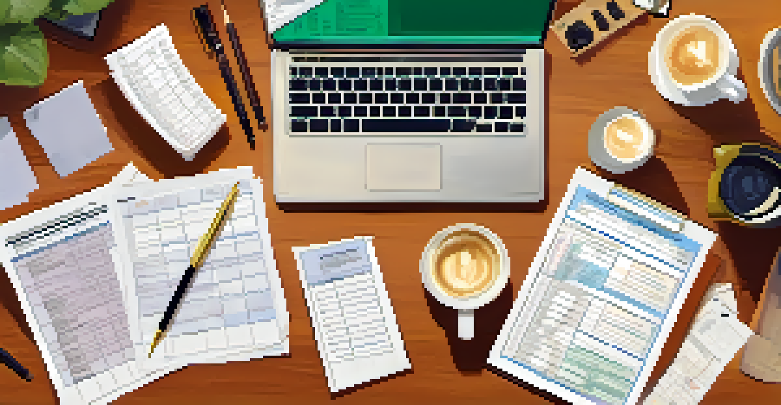 An overhead view of a desk with tax forms, a calculator, and a laptop, creating a warm and organized workspace.