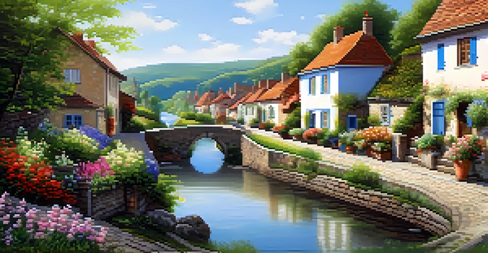 A picturesque village with cobblestone streets, colorful houses, and a flowing river under a clear blue sky.