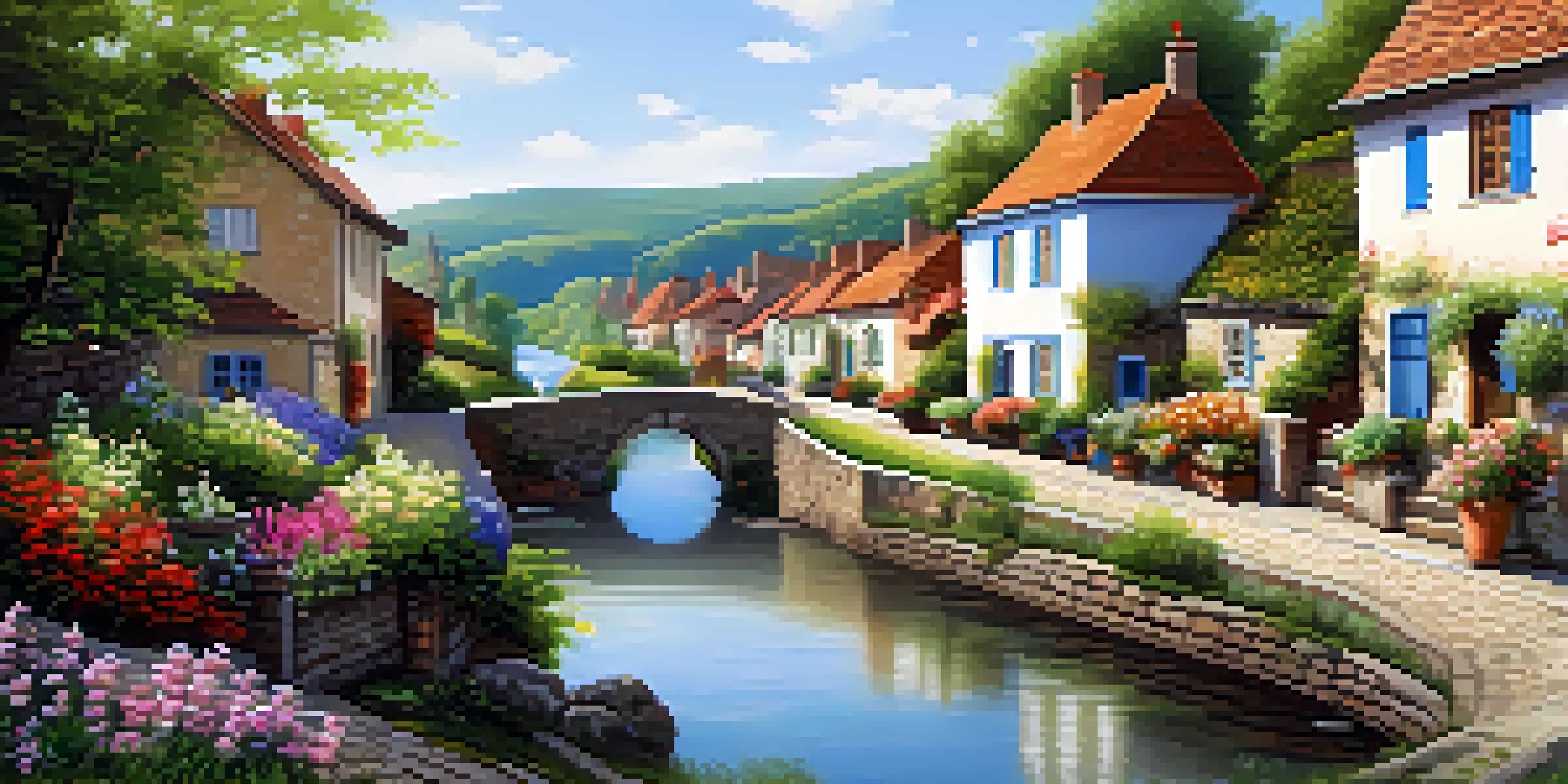 A picturesque village with cobblestone streets, colorful houses, and a flowing river under a clear blue sky.