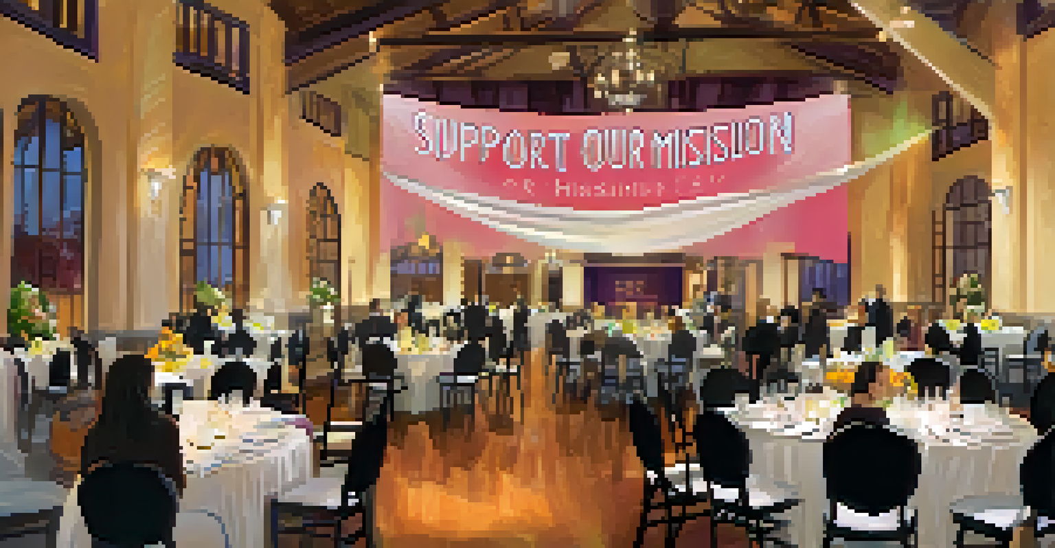 A fundraising event in a decorated hall with guests, tables, and a supportive banner.