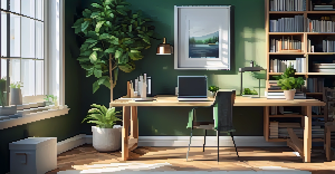 A cozy home office with a wooden desk, laptop, tax documents, and a coffee cup, illuminated by natural light.