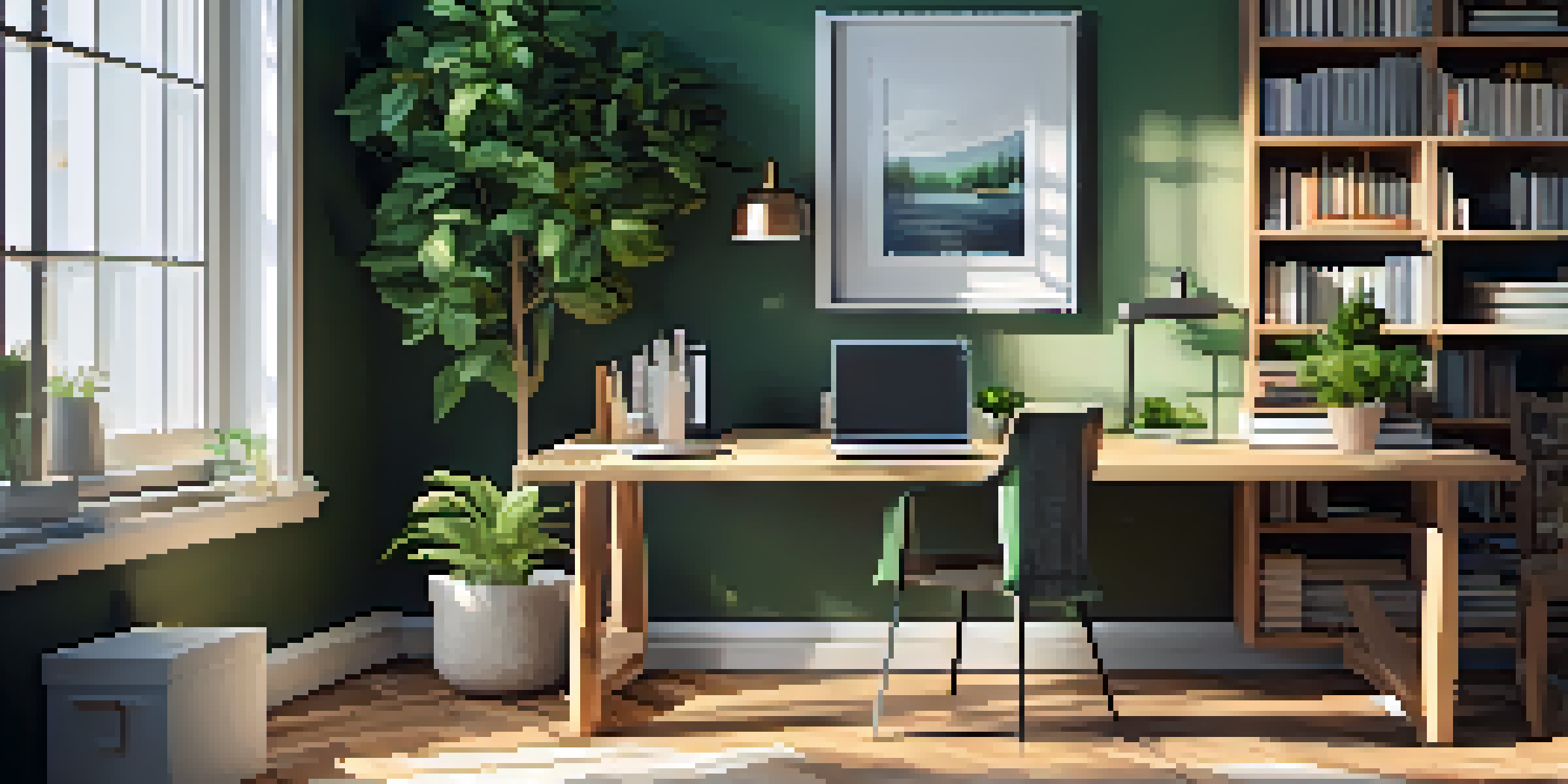 A cozy home office with a wooden desk, laptop, tax documents, and a coffee cup, illuminated by natural light.