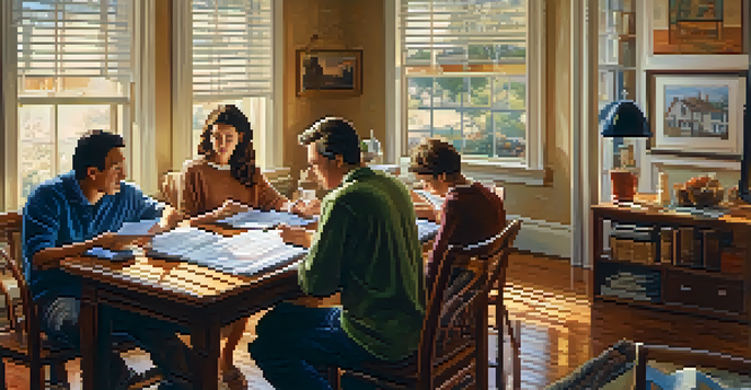 A family discussing finances at a dining table filled with tax documents and calculators, with a suburban neighborhood visible through the window.