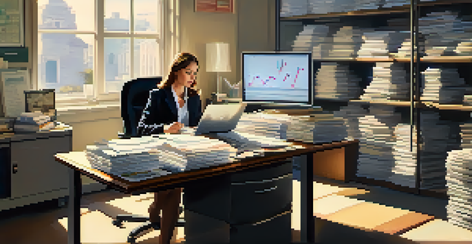 A professional woman working at a desk filled with paperwork and a laptop, with sunlight streaming through a window.