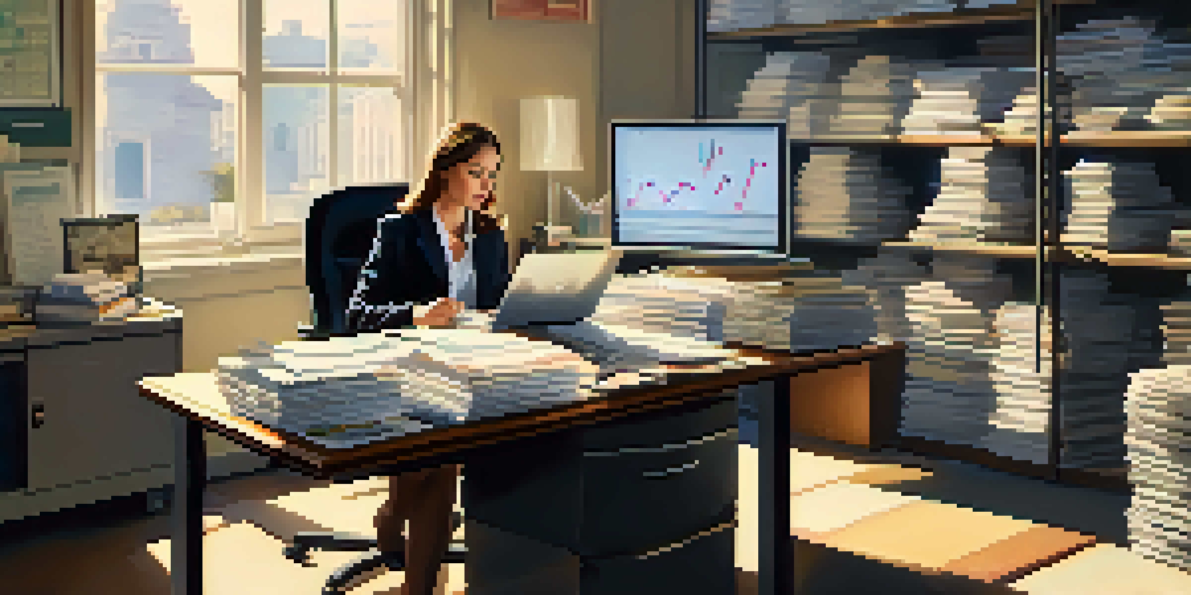 A professional woman working at a desk filled with paperwork and a laptop, with sunlight streaming through a window.