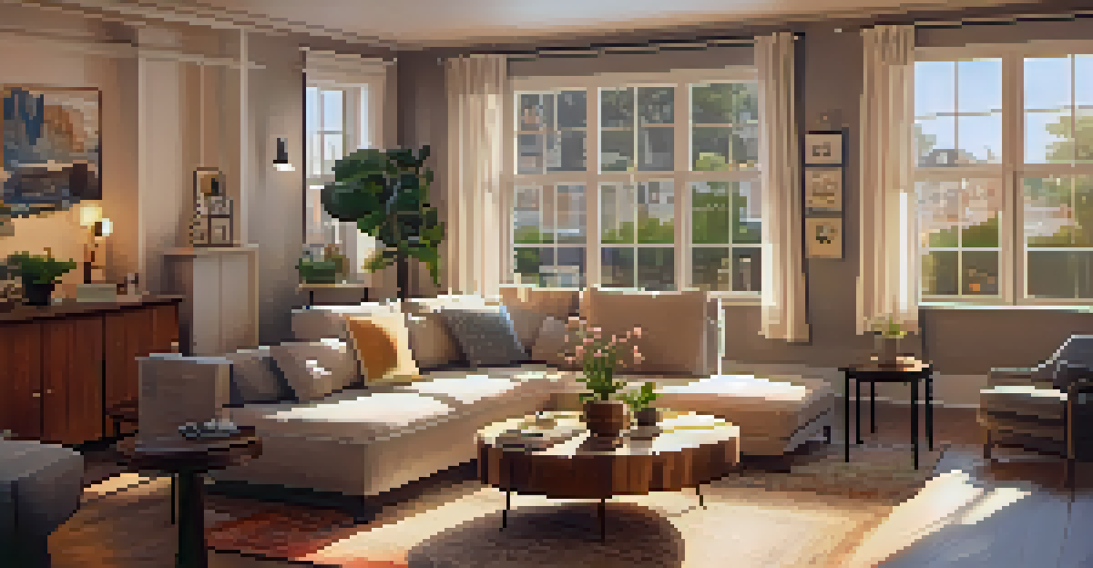 A cozy Airbnb living room with stylish furniture, warm lighting, and a view of a neighborhood outside.