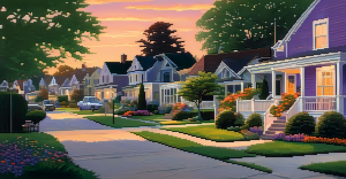 A peaceful suburban neighborhood with homes, lawns, and children playing at sunset.