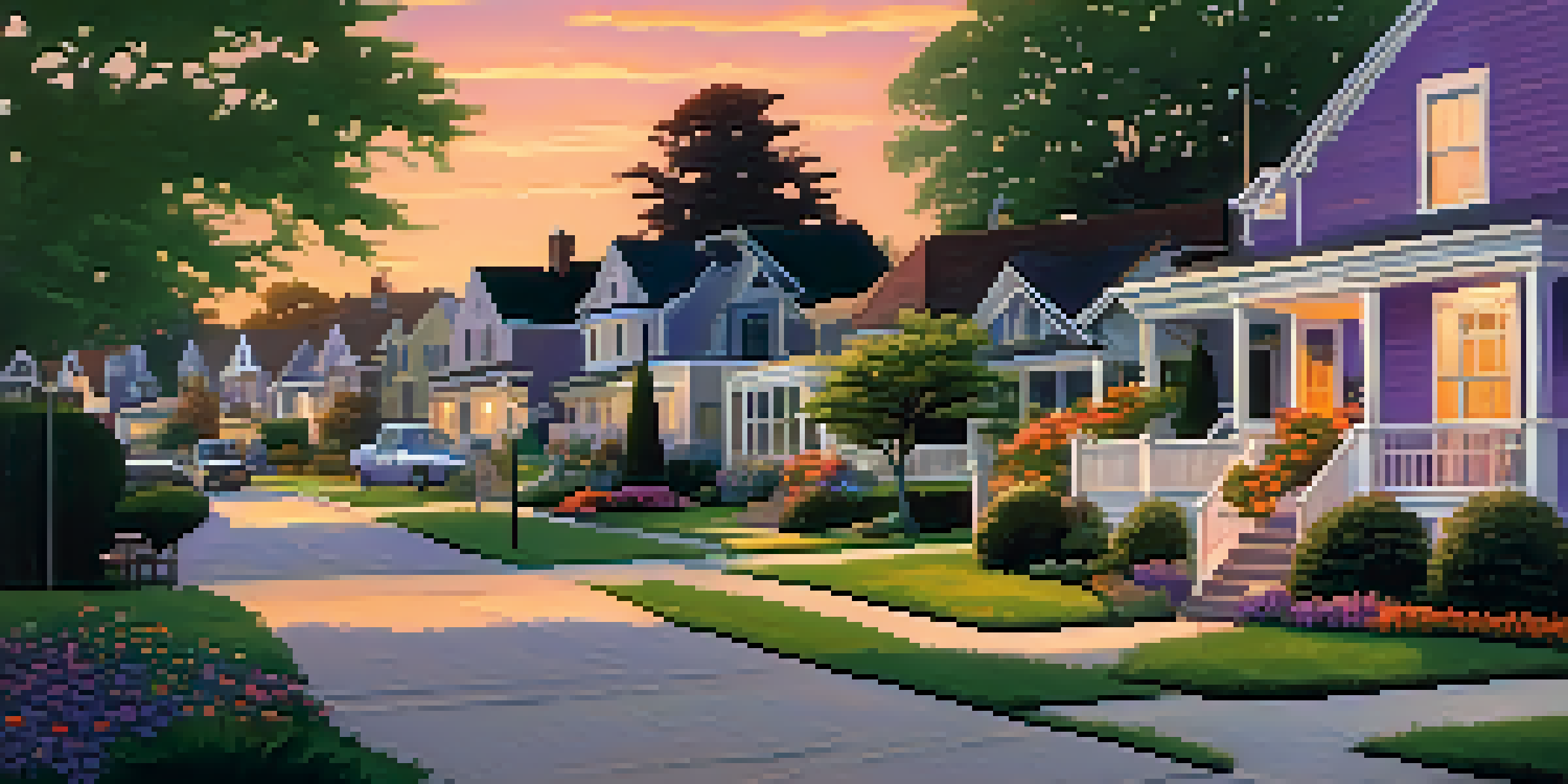 A peaceful suburban neighborhood with homes, lawns, and children playing at sunset.