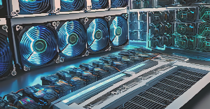 A close-up view of a cryptocurrency mining rig with powerful GPUs and cooling fans, illuminated by soft blue lights.