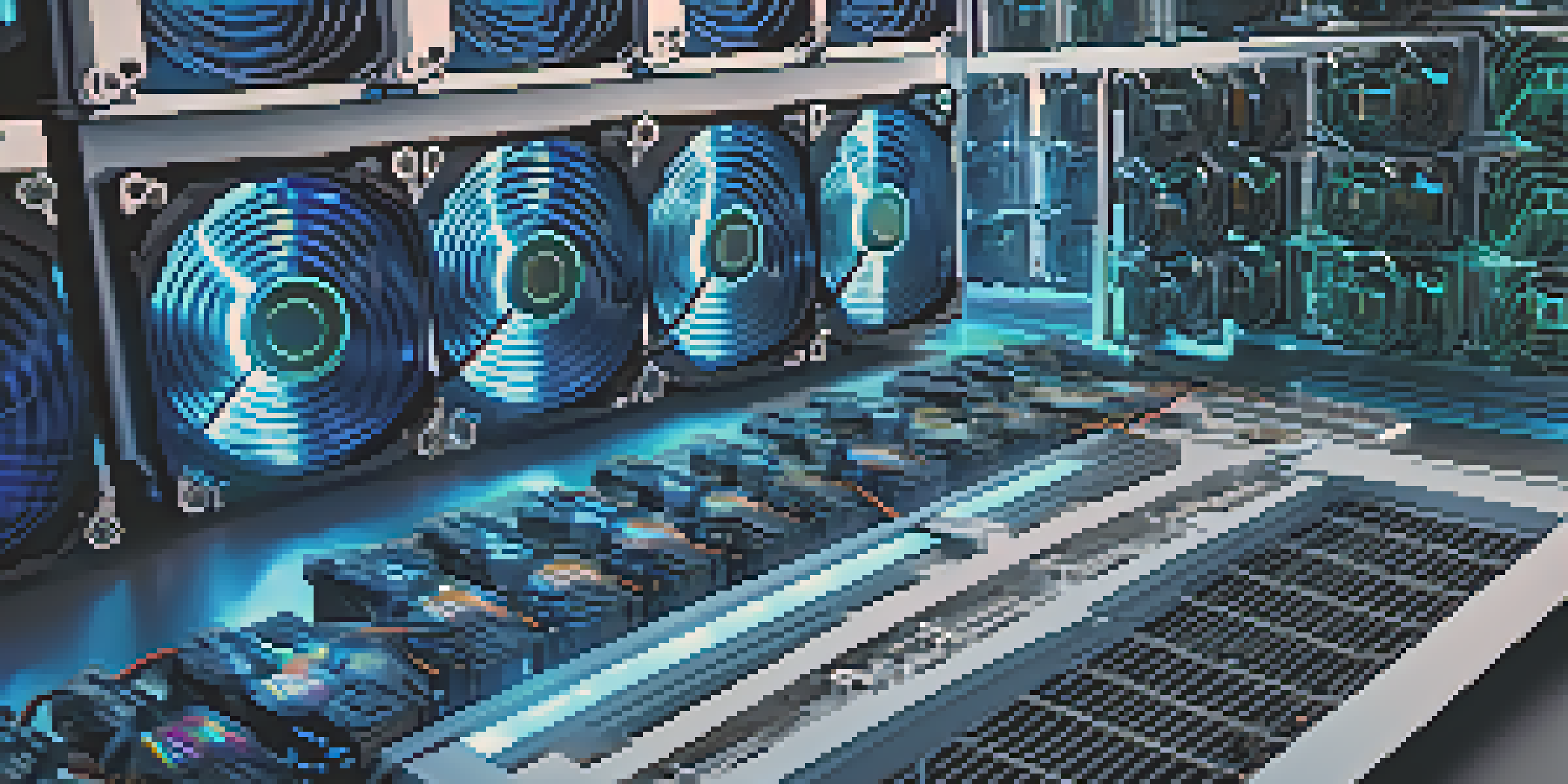 A close-up view of a cryptocurrency mining rig with powerful GPUs and cooling fans, illuminated by soft blue lights.