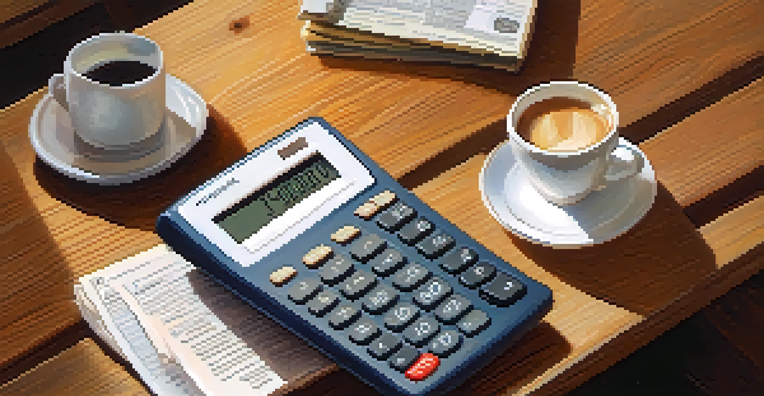 A person's hands holding a calculator and tax documents on a wooden table with a coffee cup.